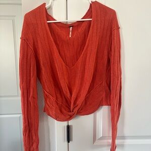 Free People Women's Orange Knotted Ribbed Top - Size XS